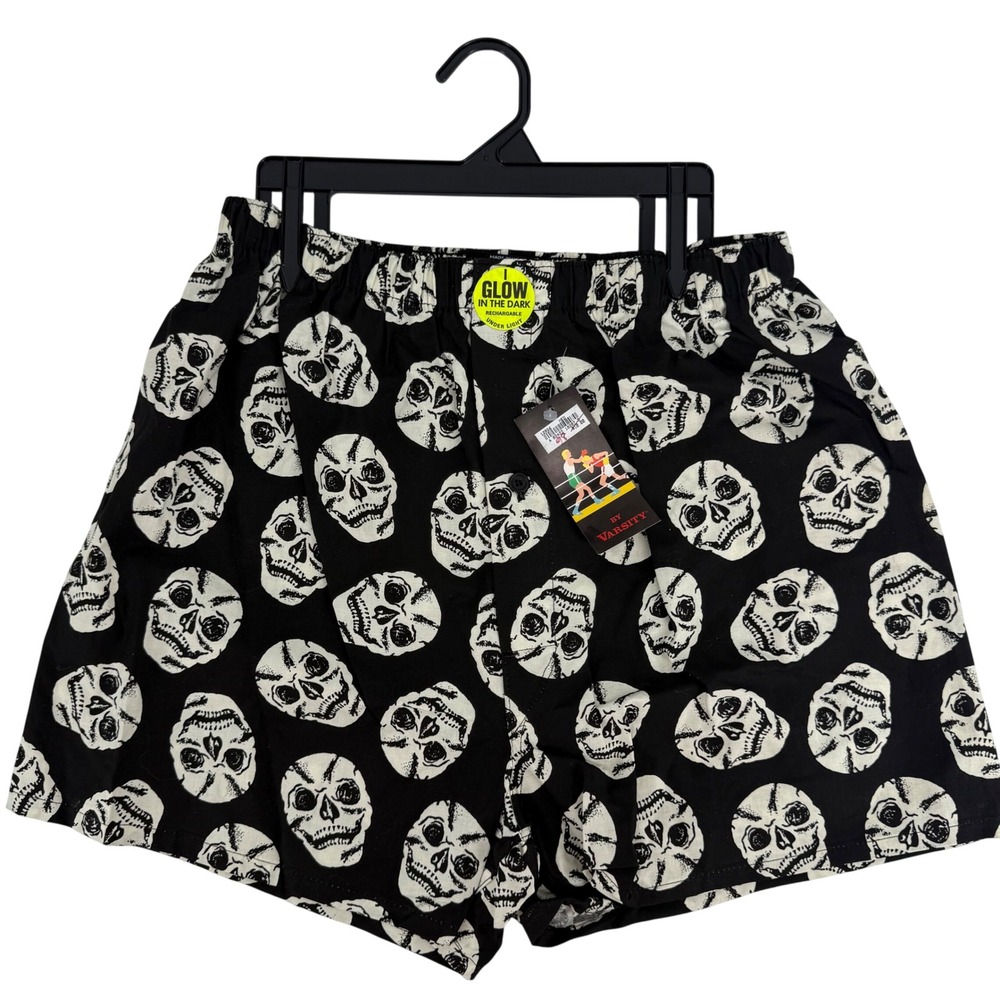 Vintage NWT Varsity Mens Glow in the Dark Skull Boxers Black White Cotton Medium